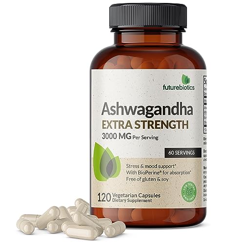 Futurebiotics Ashwagandha Capsules Extra Strength 3000mg - Stress Relief Formula, Natural Mood Support, Stress, Focus, and Energy Support Supplement, 120 Capsules