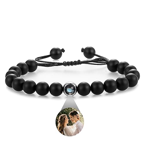 EMIRISTIC Personalized Photo Bracelet with Picture Inside - Free Size Natural Stone Black Agate Bracelet - Gift for Men Boys for Any Occasion