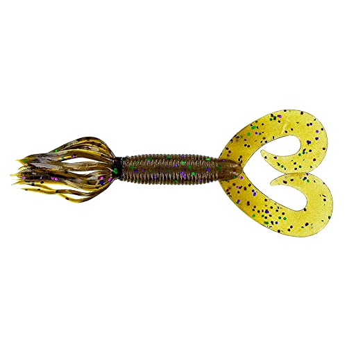 GARY YAMAMOTO 5' Double Tail Hula Grub - Realistic Easy-to-Use Soft Plastic Fishing Lure Bait with Free-Flowing Skirt - 10 Pack, Green Pumpkin with Large Green and Large Purple Flake