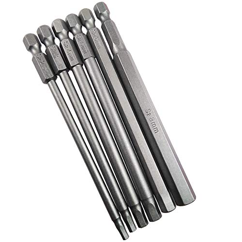 Wolfride 6Pcs Allen Hex Head Screwdriver Bit Set Metric Magnetic Hexagon Head Drill Bit Set with 1/4' Hex Shank 100mm Length |2.5mm 3mm 4mm 5mm 6mm 8mm