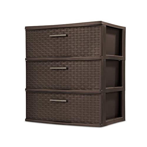 Sterilite 3 Drawer Wide Weave Storage Tower, Plastic Decorative Drawers to Organize Clothes in Bedroom, Closet, Brown with Brown Drawers, 1-Pack