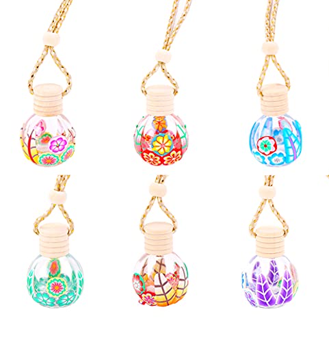 6 Pcs,12ml Art Printed Hanging Car Air Freshener Diffuser,Empty Glass Essential Oil Pendant Fragrance Vials,Perfume Aromatherapy Container With Wooden Caps & Hanging String,FREE Funnel,Dropper