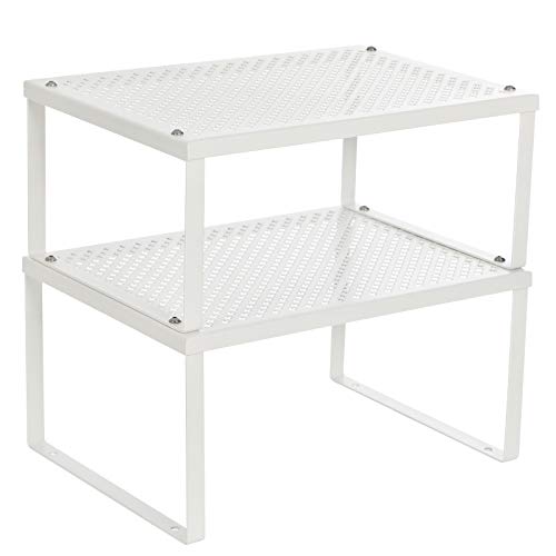 SONGMICS Cabinet Shelf Organizers, Shelf Organizer, Countertop Organizer, Shelf Riser, Stackable, Expandable, Set of 2 Metal Kitchen Counter Shelves, White UKCS01WT