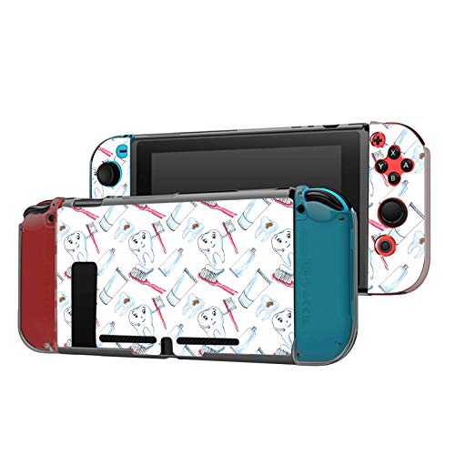 Dockable Case Compatible with Switch Console and Joy-Con Controller, Patterned ( Teeth, Toothpaste, Toothbrush Doodle ) Protective Case Cover with Tempered Glass Screen
