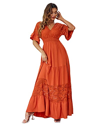 Simplee Women's Lace Short Sleeve Wrap Maxi Dress V Neck Floral Formal Dress(S Orange)