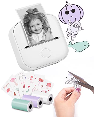 Memoking Mini Portable Sticker Printer - T02 Pocket Printer with 3 Rolls Paper, Bluetooth Photo Picture Printer for Children Birthday, Compatible with Phone & Tablet, White