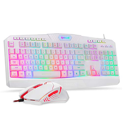Redragon S101 Wired RGB Backlit Gaming Keyboard with Multimedia Keys Wrist Rest and Red Backlit Mouse Combo 3200 DPI for Windows PC Gamers (White)