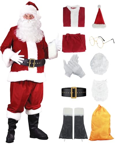 Ruimeier Men Deluxe Santa Costume Suit for Adults 10pcs Santa Claus Costumes for Christmas Xmas Velvet Red (3X-Large) SD046-3XL