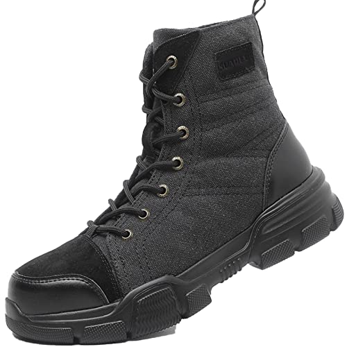 SUADEX Steel Toe Boots for Men Military Work Boots Indestructible Work Shoes for Women Athletic Safety Shoes Composite Toe 7' Pure Black 11.5 Women / 10 Men