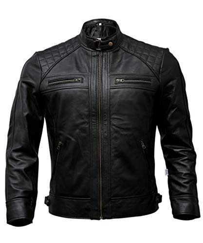 Mens Genuine Leather Biker Jacket Black | Vintage Brown Distressed Lambskin Motorcycle Jackets for Men (Black, Large)