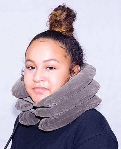 Inflatable Neck Traction Device for Cervical Pain Relief and Support Collar - Muscle Relaxer and Posture Corrector - Soft Pillow and Brace for Decompression and Upper Back Tension Relief-Grey