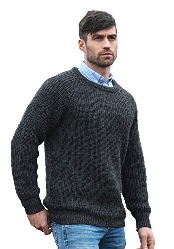 Aran Crafts Men's Fisherman Irish Rib Crew Neck Wool Sweater (C761-MED-CHAR) Charcoal