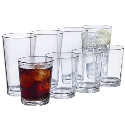 US Acrylic Bistro 8-Pack Unbreakable Tritan Rocks & Water Tumblers in Clear | Set of 20oz. & 15oz. Drinking Cups | Reusable, BPA-free, Made in the USA, Top-rack Dishwasher Safe