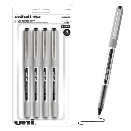 Uniball Vision Rollerball Black Pens Pack of 4, Fine Point Journaling Pens with 0.7mm Medium Black Ink, Ink Black Pen, Smooth Writing Japanese Pens, Office Supplies