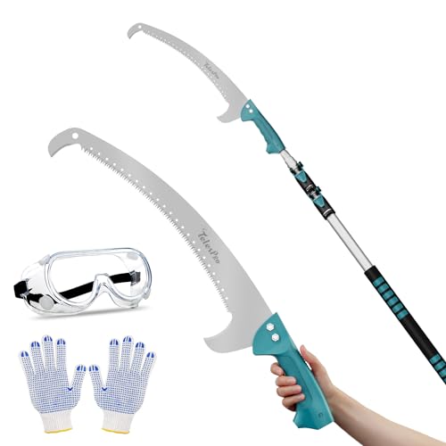 TelesPro Extendable Tree Trimmer: Manual Pole Saw | 5-12ft Telescoping Pruning Pole for Tree Trimming | Saw Attachment, Safety Goggles, and Gloves Included | Trim Branches up to 2' Diameter