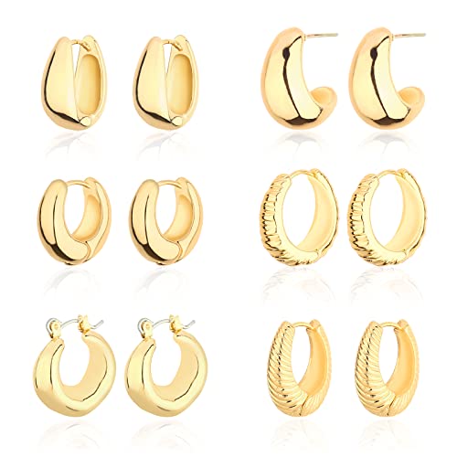 Wgoud Chunky Huggie Earring 14K Gold Hoop Earrings for Men Women Hypoallergenic, Thick Twist Earring (6 Prs Chunky Gold)