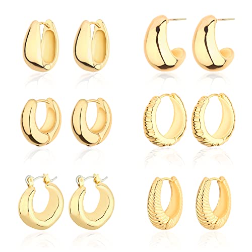 Wgoud Chunky Huggie Earring 14K Gold Hoop Earrings for Men Women Hypoallergenic, Thick Twist Earring (6 Prs Chunky Gold)