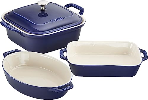 Staub Ceramics 4-pc Baking Pans Set, Casserole Dish with Lid, Brownie Pan, Dark Blue