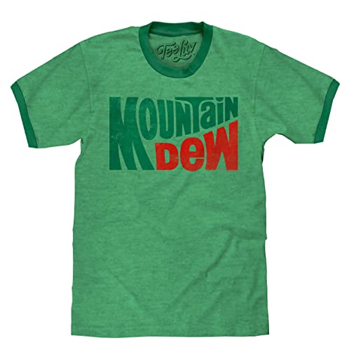 Tee Luv Mountain Dew T-Shirt - Vintage MT Dew Ringer Tee Shirt (Small) Green Heather/Kelly