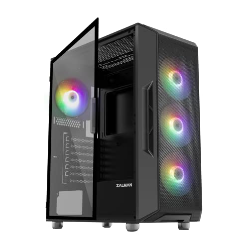 Zalman i3 NEO ATX Mid Tower Computer PC Case - 4 x 120mm Static RGB Fans Pre-Installed - Mesh Front Panel - Tempered Glass Side Panel, Black