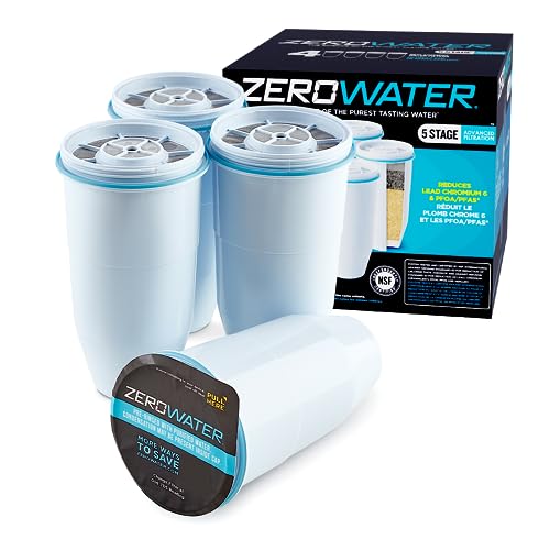 ZeroWater Official Replacement Filter - 5-Stage 0 TDS Filter Replacement - System IAPMO Certified to Reduce Lead, Chromium, and PFOA/PFOS, 4-Pack