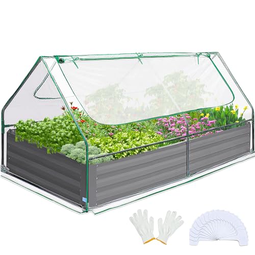 Quictent Raised Garden Bed with Cover Outdoor Galvanized Metal Planter Box Kit, w/ 2 Large Screen Windows Mini Greenhouse 20pcs T Tags 1 Pair of Gloves Included for Growing Vegetables 6x3x1ft (Clear)