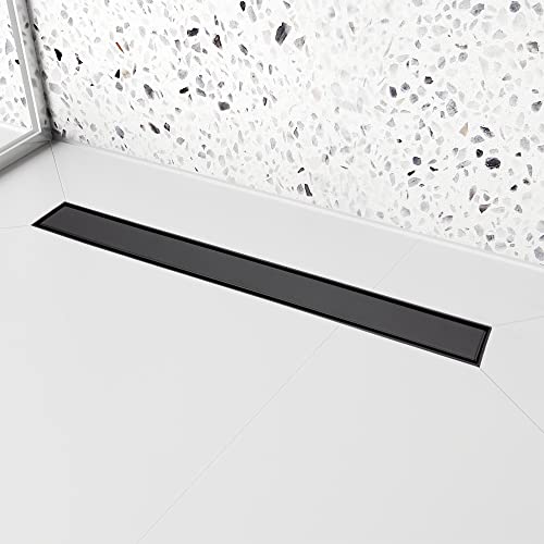 24 inch Linear Shower Drain with Removable Square Hole Panel by Using 304 Stainless Steel Process, Linear Drain Equipped with Adjustable Feet and Hair Strainer（Matte Black Color）