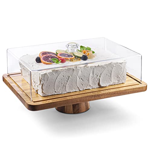 Cake Stand with Acrylic Dome Lid 2-in-1 Multifunctional Rectangular Shatterproof Dessert Table Display Set with Acacia Wood Serving Platter, Veggie Tray, Fruit Bowl, Donut Stand Plate by Homesphere