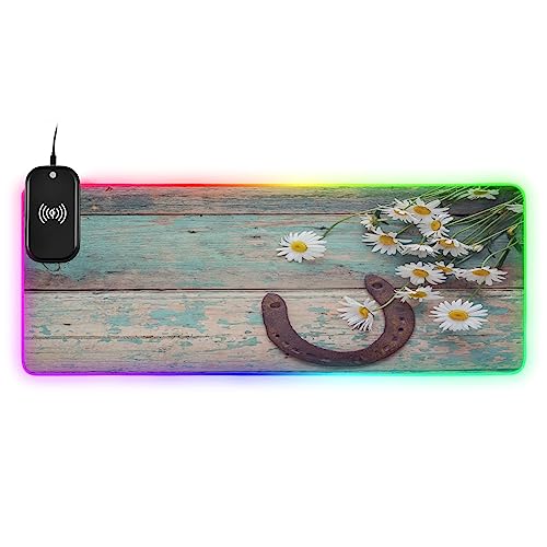 VKPSCHJ Mouse Pad with Wireless Charger 15W Large for Gaming,Rustic Horseshoe Daisies Flower PC,Laptop,Desk, Old Wooden Boards RGB Glowing Computer Keyboard Mats Pads Non-Slip for Home & Office