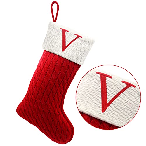 ZOEA 20 Inches Christmas Stockings with Initials, Large Embroidered Letter Knit Christmas Stocking for Family Holiday Decorations and Xmas Gift (V, Red)