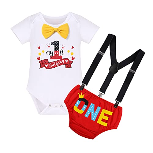 IBTOM CASTLE Formal Suit First Birthday Outfit for Baby Boy Cake Smash Wild One Party Clothes Gentleman Wedding Bowtie Halloween Costume Dress Up for Photo Shoot White-1st Birthday 12-18 Months