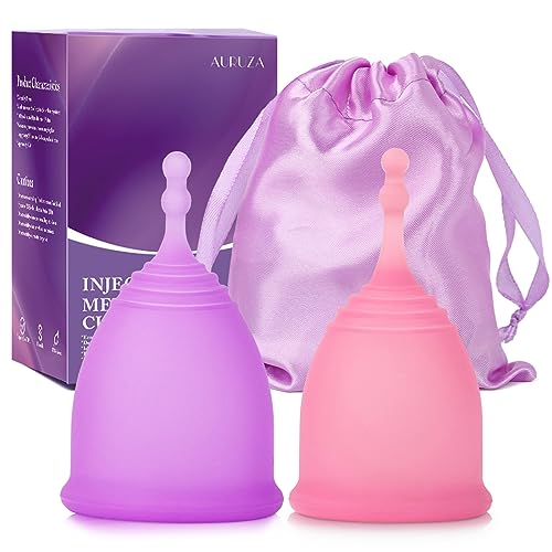 AURUZA Menstrual Cups, Set of 2 Reusable Period Cups Kit for Girls & Women, Silicone Soft Cups Menstrual Organic Cups, Medical-Grade Silicone + 1 Storage Bag (1 Purple + 1 Pink)