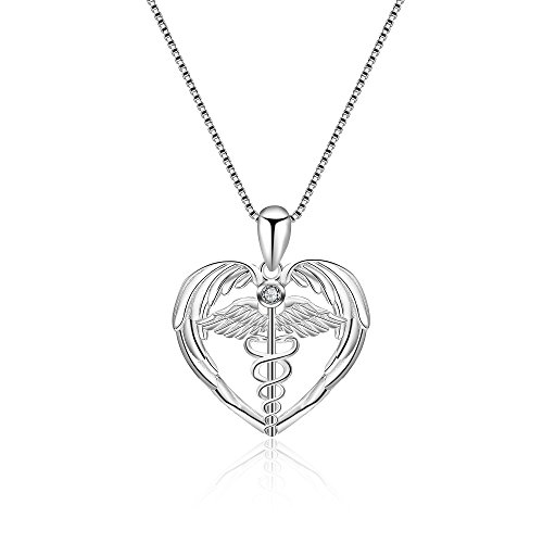 YFN Sterling Silver Caduceus Angel Nursing Themed Pendant Necklace 18' (Nurse Necklace) (Nurse Necklace) (Silver)