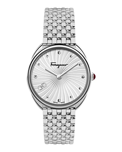 Ferragamo Womens Swiss Made Watch Cuir Collection Featuring Polished Stainless Steel Bracelet with Deployant Clasp with Silver Guilloche Dial and Silver Stainless Steel Details Swiss Quartz Movement