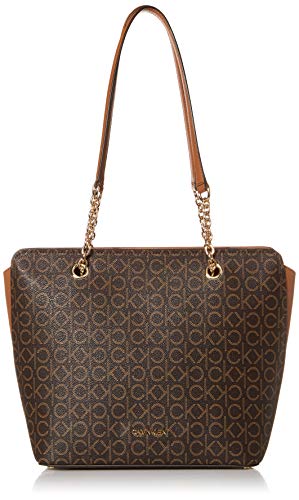 Calvin Klein Hailey Signature Top Zip Chain Tote, Brown/Khaki/Caramel Linear