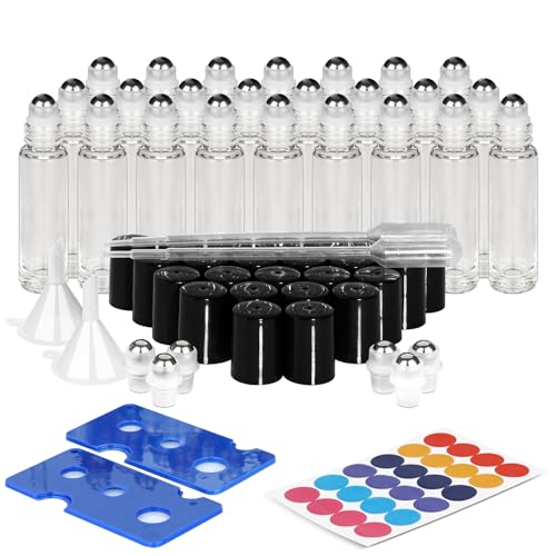 ComSaf Glass Essential Oil Roller Bottles, Set of 24, 10ml Clear Glass Bottles with Stainless Steel Roller Balls, Leakproof Essential Oil Container Kits with Labels, Dropper, for Facial Body Care