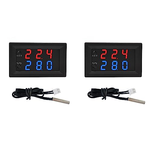 2PC DC 12V Temperature Controller DC 12V Programmable -50 to 110 ℃ (-58 to 230 °F) Red/Blue LED Display Monitor Heating/Cooling Thermostat Control Module with NTC 12in Waterproof Sensor Probe