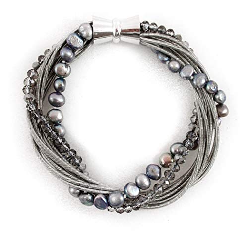 Stainless Steel Piano Wire Bracelet with Silver Freshwater Pearls and Crystal