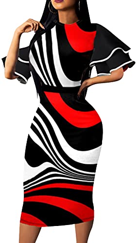 Red Church Dress for Women Short Ruffles Sleeve Sexy Crew Neck Pencil Business Dresses Bodycon with Zipper