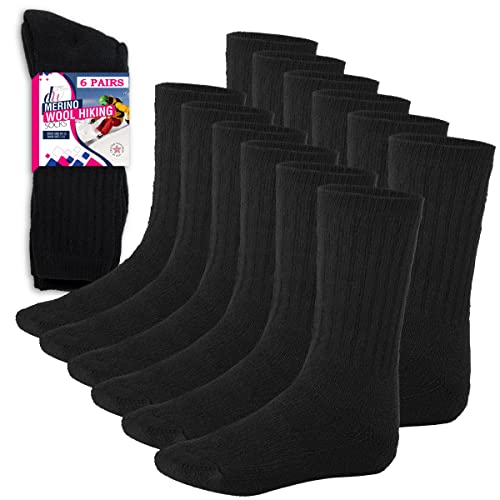 Debra Weitzner 6 Pairs Merino Wool Thermal Socks Men and Women Warm Cushioned Hiking Crew Socks for Hunting Winter Etc Long Survival Boot Socks Moisture Wicking Black 10-13