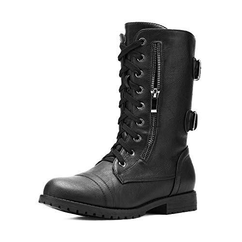 DREAM PAIRS Women's Terran Black Mid Calf Built-in Wallet Pocket Lace up Military Combat Boots Utilitarian - 8 M US