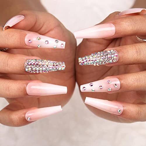 Outyua 3D Rhinstone Designer Press on Nails with Design Shimmer Coffin Extra Long Fake Nails Ballerina Pink Super Long False Nails Acrylic Full Cover Artificial Nail for Women and Girls 24pcs (Rhinstone)