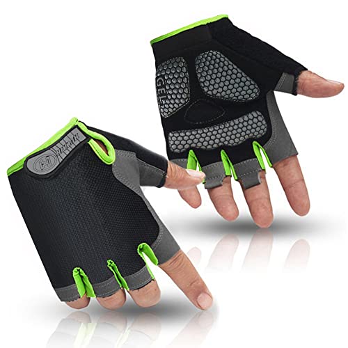 HuwaiH Cycling Gloves for Men/Women Anti-Slip Shock-Absorbing Biking Gloves Half Finger Gel Pad Bicycle Gloves Breathable Bike Gloves (Black/Green, Medium)