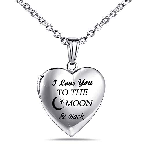 YOUFENG Love Heart Locket Necklace That Holds Pictures Engraved Always in My Heart Memories Photo Lockets (Moon & Back locket)
