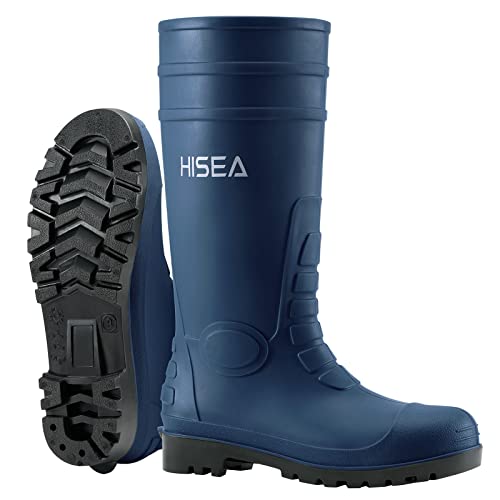 HISEA Men's Steel Toe Rubber Boots PVC Rain Boots,Garden Fishing Work Boots for Agriculture and Industrial Working Waterproof and Slip Resistant Knee Boots Size 12 Navy Blue