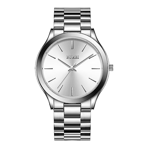 BUREI Silver Wrist Watch for Men Minimalist Analog Dress Nice Watch Stainless Steel Watchproof Quartz Watches for Men