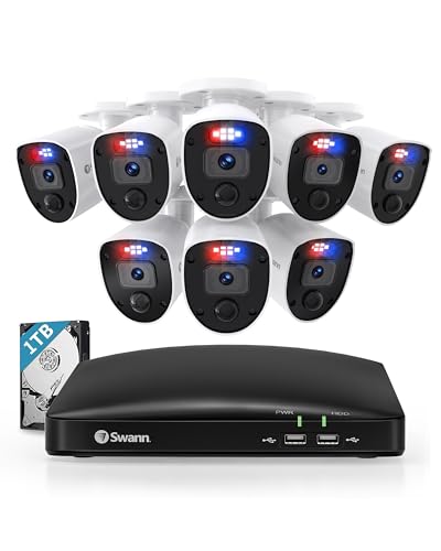 Swann Home DVR Security Camera System with 1TB HDD,8 Channel 8 Camera,1080p Video,Indoor or Outdoor Wired Surveillance CCTV,Color Night Vision,Heat Motion Detection,LED Lights,846808