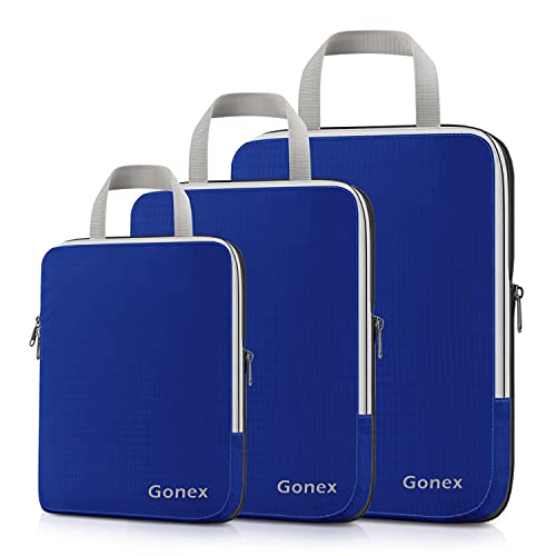 Gonex Compression Packing Cubes,3pcs L+M+S Expandable StorageTravel Bags Luggage Organizers(Indigo)