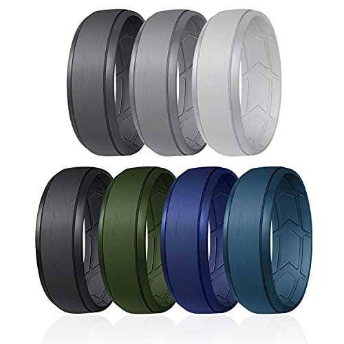 ROQ Silicone Rubber Wedding Ring for Men, Comfort Fit, Men's Wedding Band, Rubber Engagement Band, Enhanced Breathability, Inner Arrow Grooves, 8mm Wide 2mm Thick, 7 Pack, Black, Grey, Green, Blue, Navy Blue, Size 10