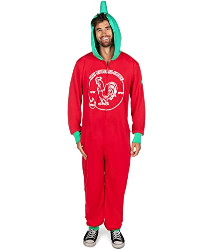 Tipsy Elves Funny Food Halloween Costume for Men Spicy Red Hot Sauce Bottle Jumpsuit with Pull Up Green Nozzle Hood Size Large